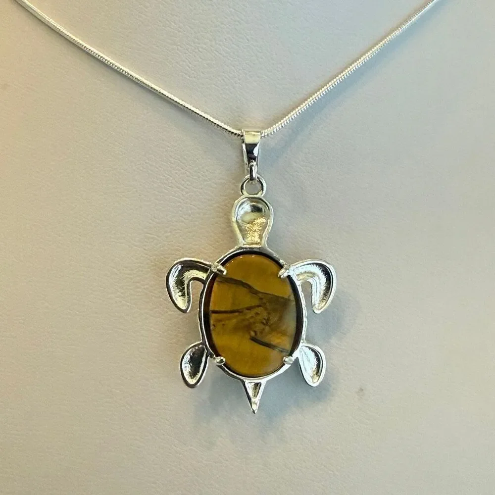 Handcrafted Silver Turtle Pendant Necklace Tiger’s Eye Gemstone Beach Theme Jewe